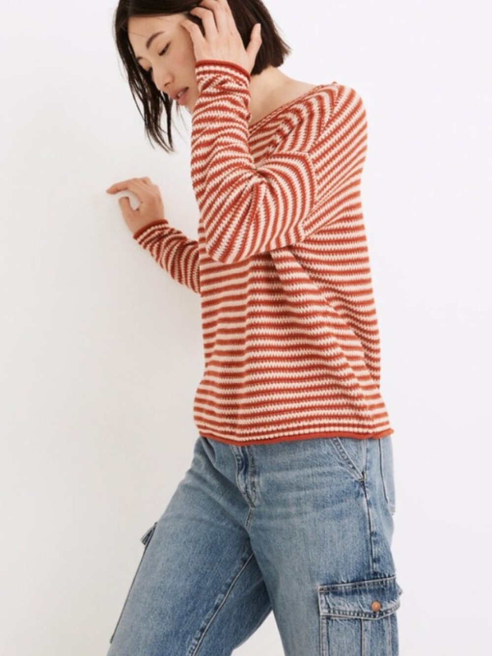 Madewell Seagrove Pullover Sweater Stripe In Etruscan Clay Size M